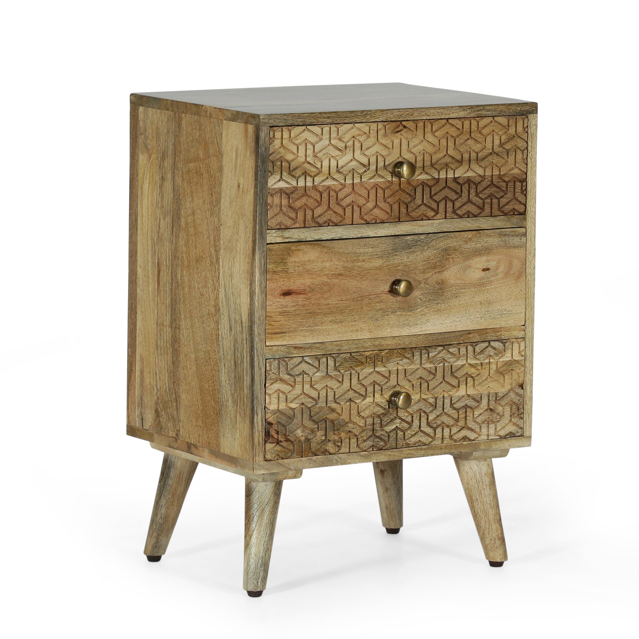 Stowe Boho Handcrafted Mango Wood 3 Drawer Nightstand, Natural