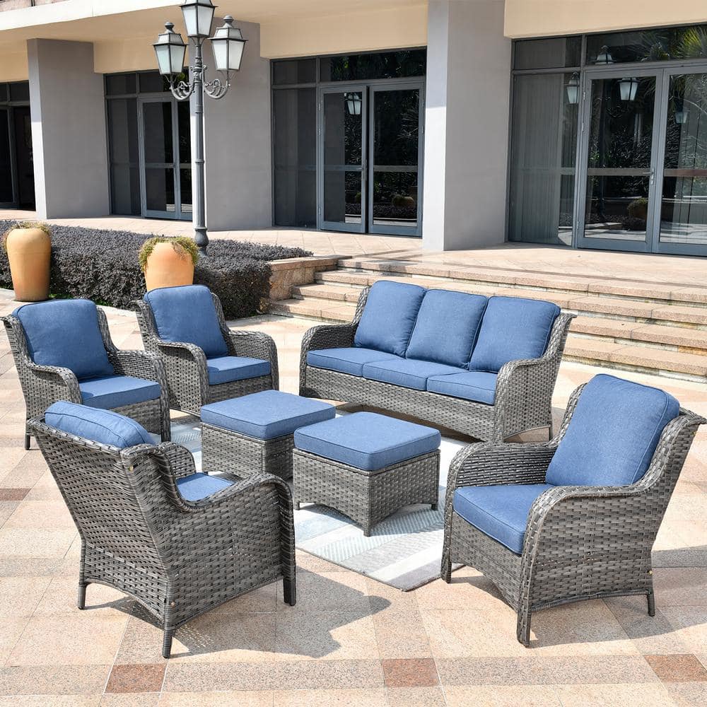 XIZZI Erie Lake Gray 7-Piece Wicker Outdoor Patio Conversation Seating Sofa Set with Denim Blue Cushions ZGNTC307DB