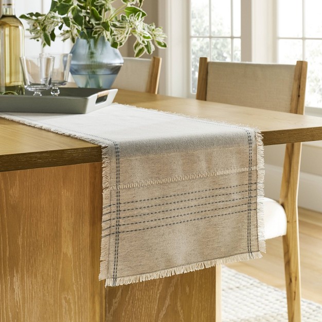 Natural Leno Weave Table Runner With Blue Accent Designed With Studio Mcgee