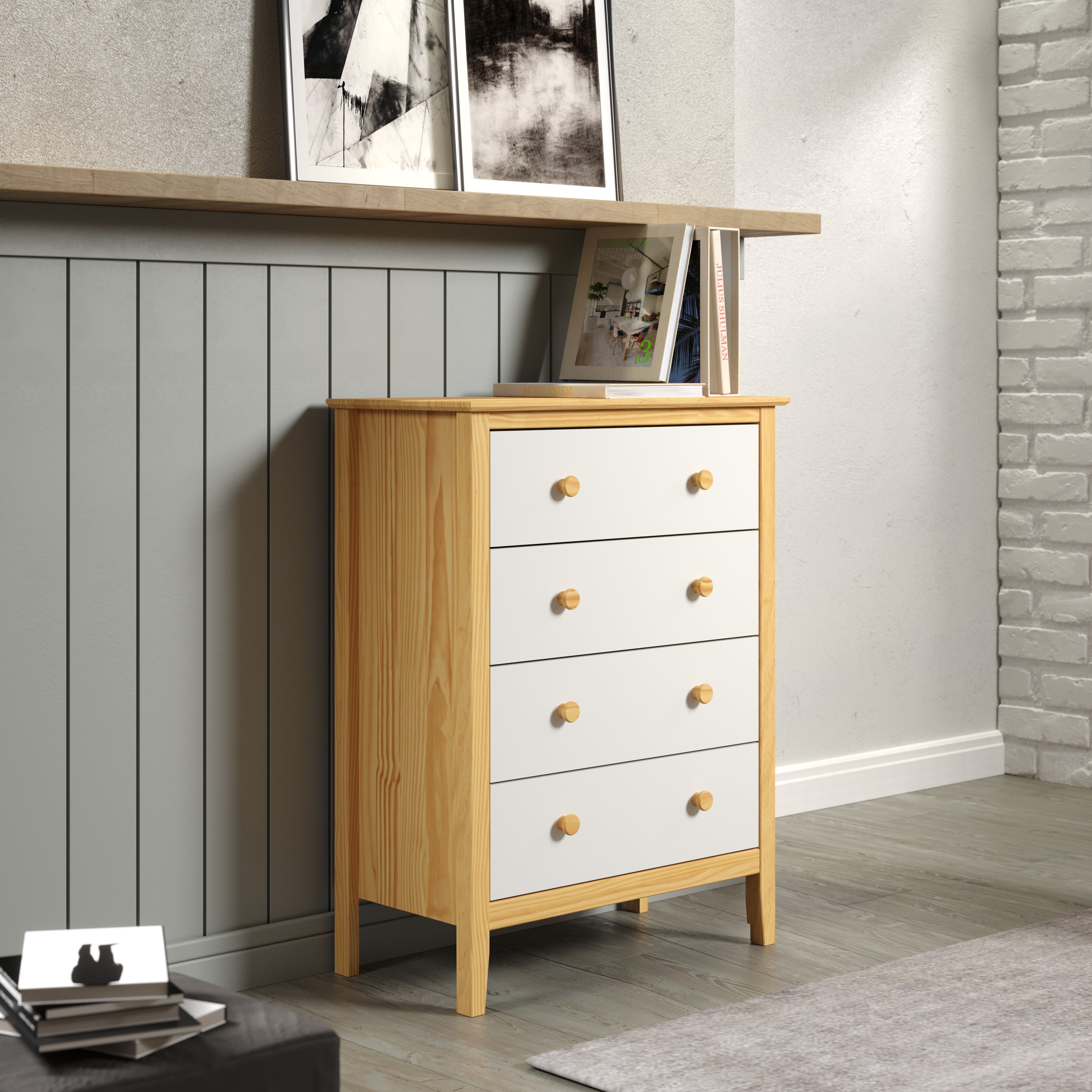 Adeptus Solid Wood Easy Pieces Four Drawer Dresser Natural White Front, White and Natural Knobs