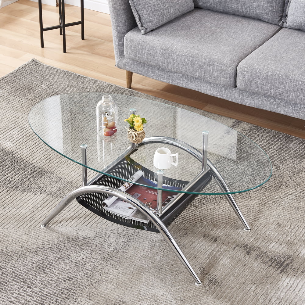 2 Tier Glass Sofa Table Oval Coffee Table with Shelf Cocktail Table Ellipse Metal Legs Chrome Finish with Glass Top