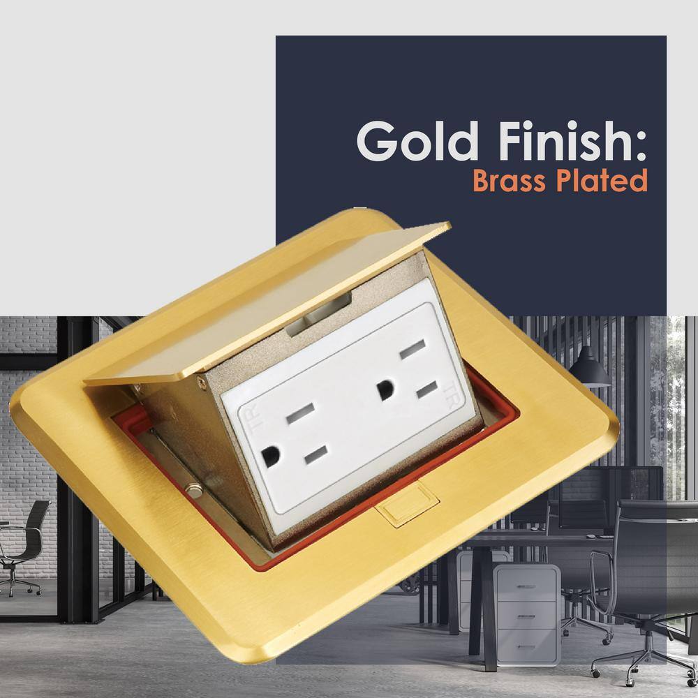 NEWHOUSE ELECTRIC Pop-Up Floor Outlet Electrical Box for Wood Sub-Flooring with 15A TR Duplex Receptacle Brass 7400BR