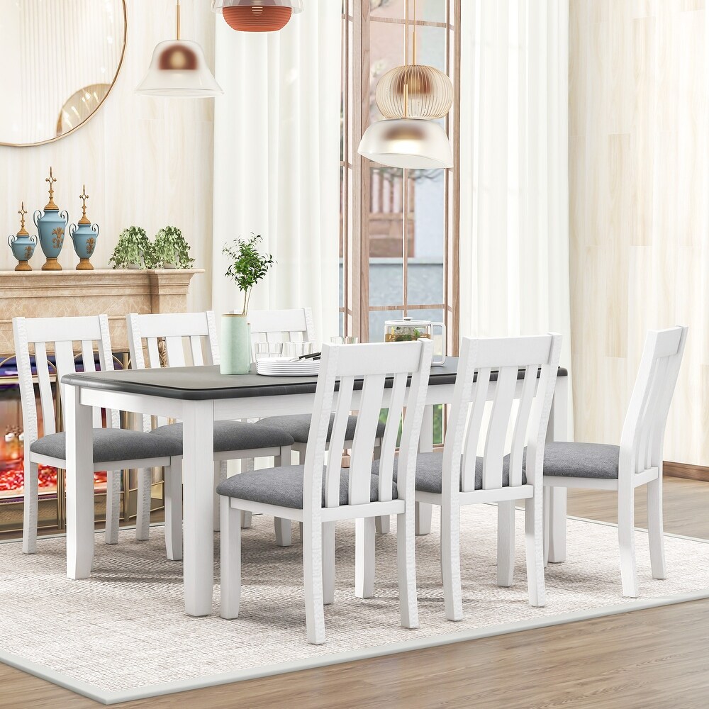 Retro 7 Piece Dining Sets  Extendable Dining Table with 6 Linen Upholstered Dining Chairs  for Apartment  Dining Room