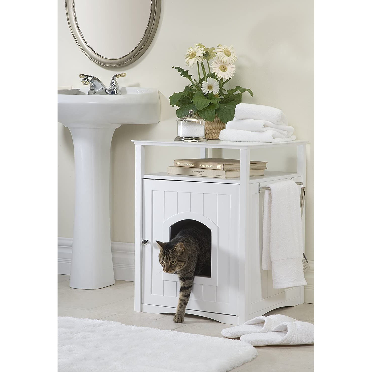 Merry Products Cat Washroom Litter Box Cover， Night Stand Pet House， White