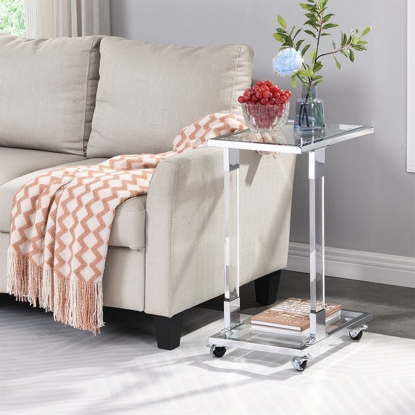 Glass Top C Shape Side Table with Wheels Acrylic Plant End Table for Living Room，Bedroom，Small Spaces