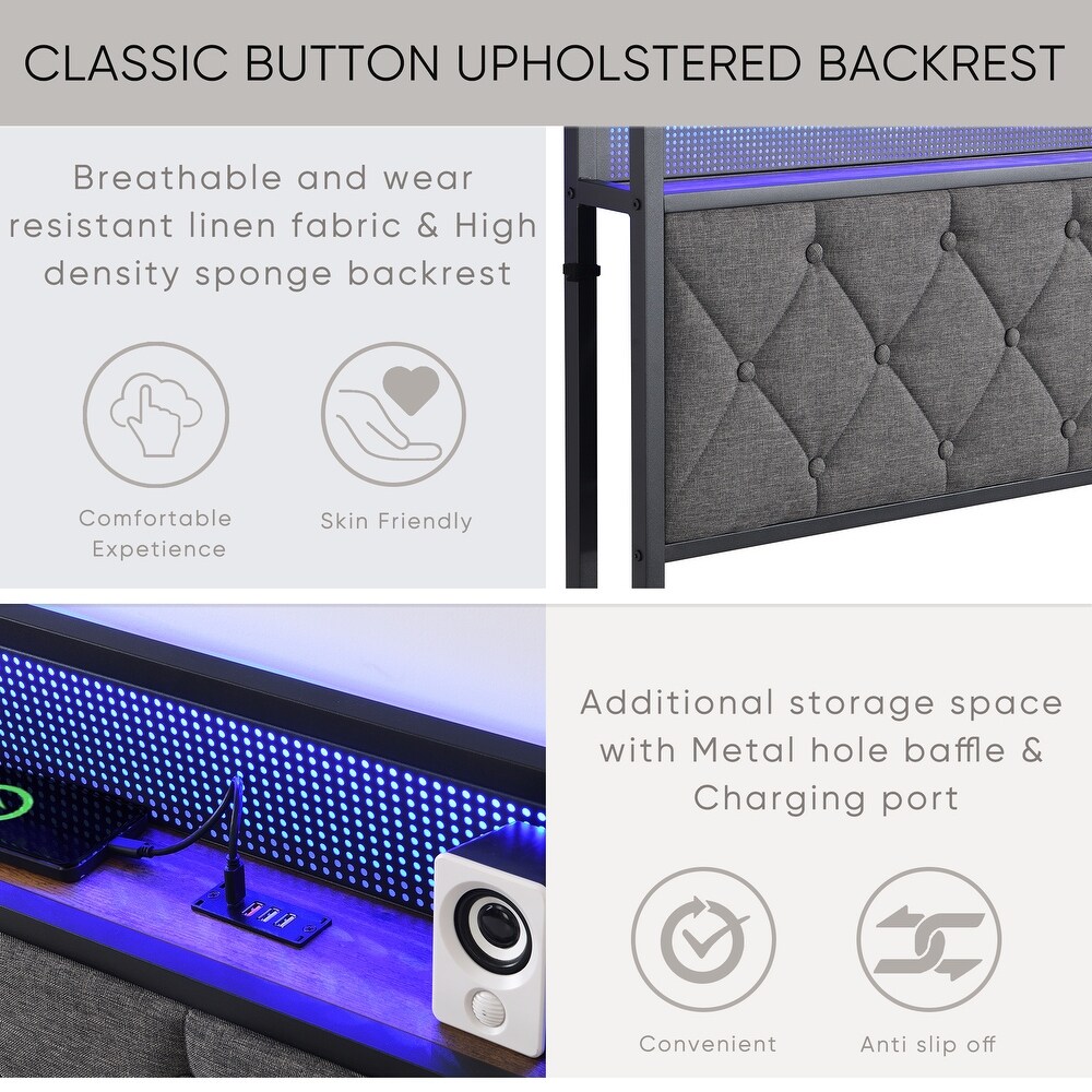 King Upholstered Bed with Storage Headboard Charging Station LED Lights