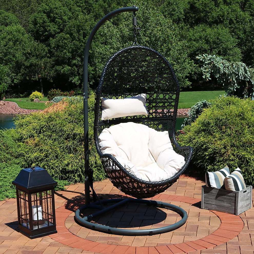 Modern Porch Swing Chair   Weather Egg Shaped Frame With Cushions   Tropical   Hammocks And Swing Chairs   by Decor Love  Houzz