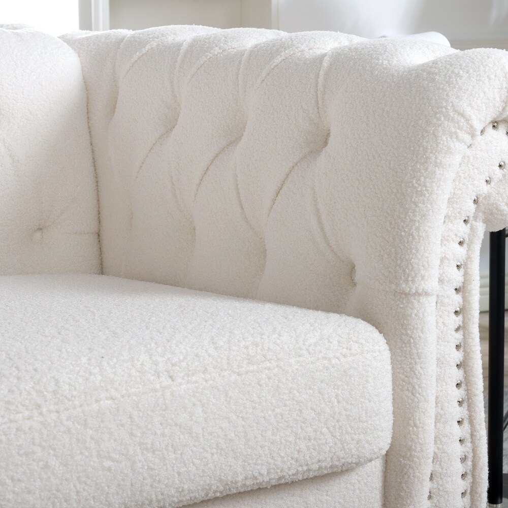 Livingroom Accent Chair  1 Seater Teddy Velvet Cover Sofa Armchair Rolled Arms Chair Lounge Chairs with Nailheads  White