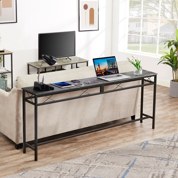 VECELO Industrial Rectangular Wood Console Table with AC Power and USB Charging Ports