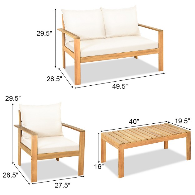 Costway 4pcs Patio Furniture Set Acacia Wood Thick Cushion Loveseat Sofa Off White turquoise grey