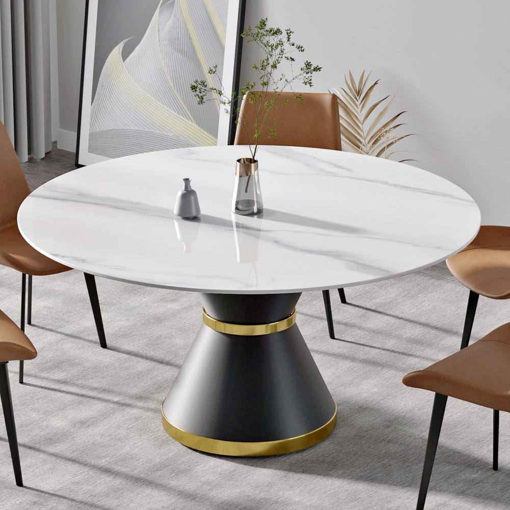 Magic Home 59.05 in. Round Sintered Stone Dining Table with Black Pedestal Metal Base (Seat 8) CS-LP000140PAA