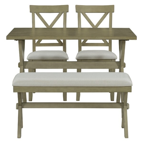 4 Pieces Farmhouse Rustic Wood Kitchen Dining Table Set with Upholstered 2 X-back Chairs and Bench