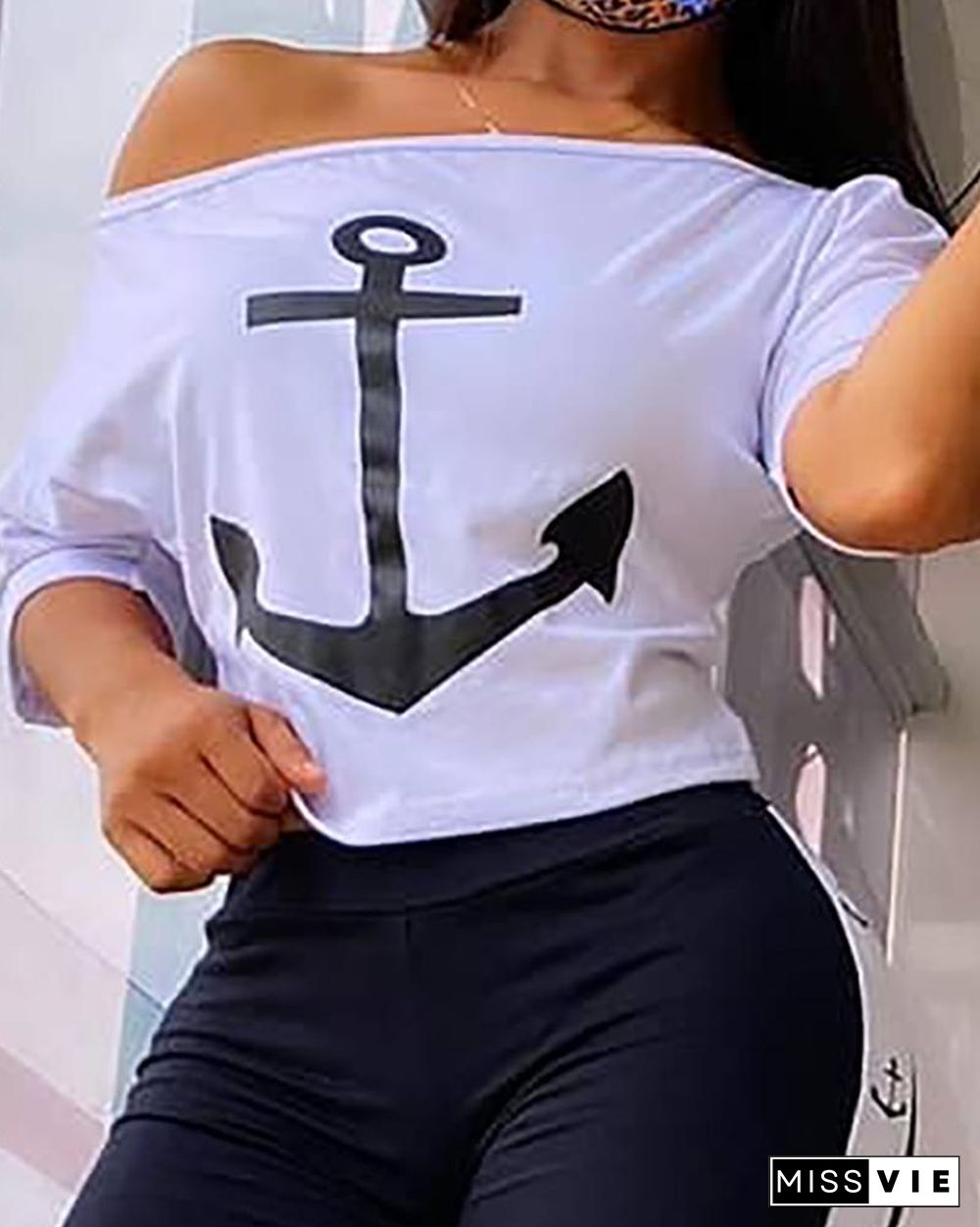 Anchor Print Short Sleeve Top & High Waist Pants Set P10050