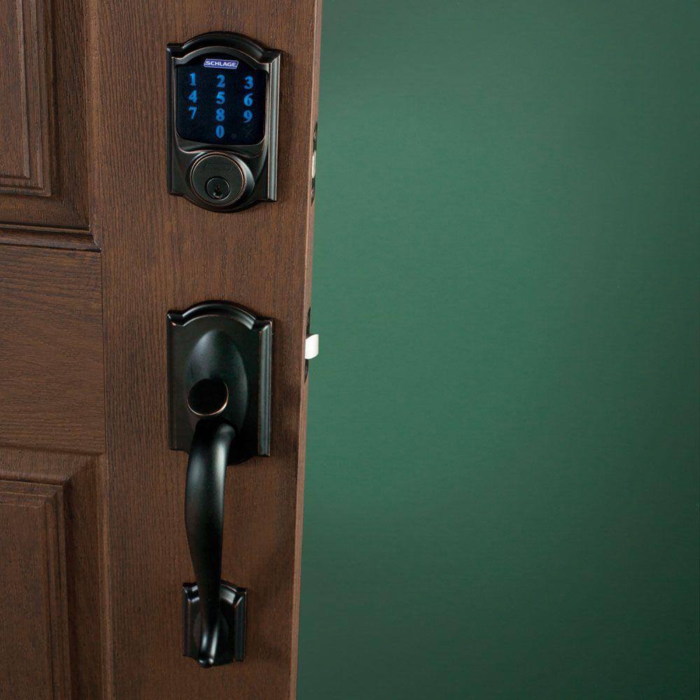 Schlage Camelot Aged Bronze Connect Z-Wave Plus Smart Wifi Deadbolt Door Lock and Accent handle Handleset with Camelot Trim BE469ZPVCAM716FE285GCAM716ACCCAM