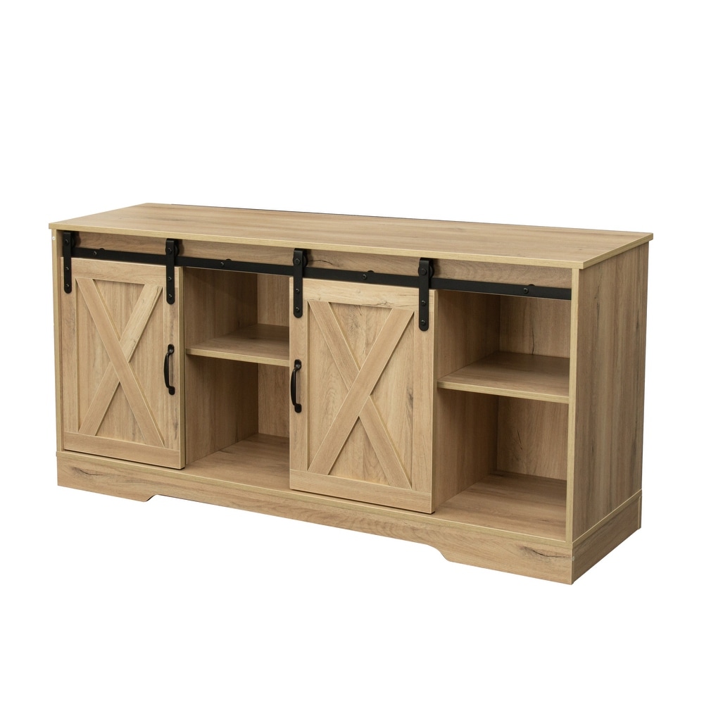 TV Stand with Sliding Barn Door   Storage Cabinet for TVs Up to 65\