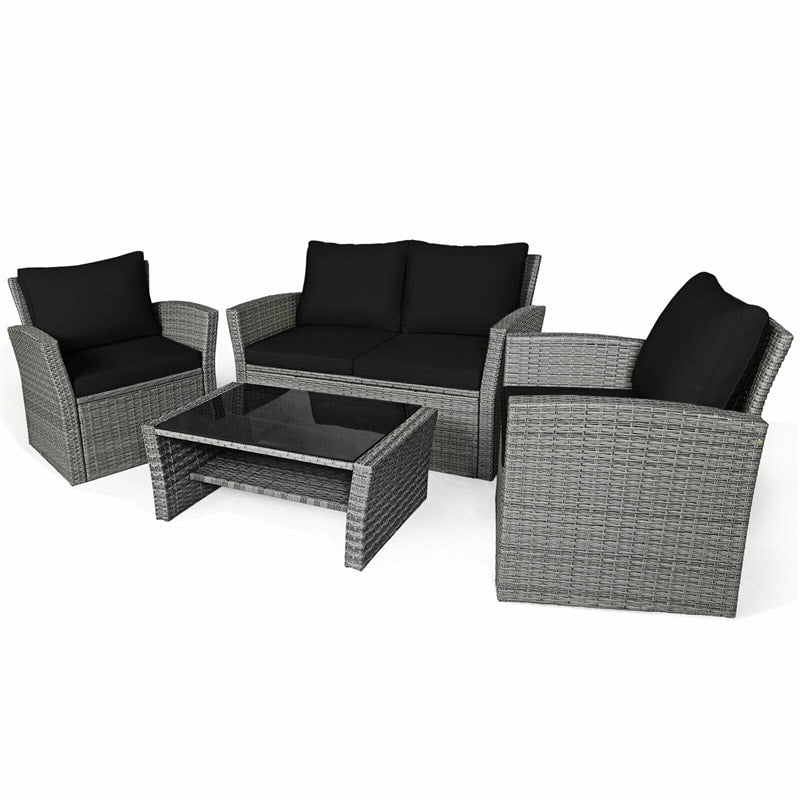 4 Pcs Rattan Patio Sectional Furniture Set with Storage Shelf Table, Cushioned Outdoor Wicker Conversation Sofa Set