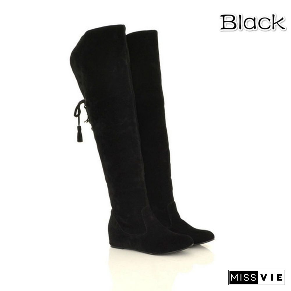 Womens Thigh High Boots Stretch Over The Knee Suede Leather Boots 34-43 Flat Heels Shoes Woman Winter Botas