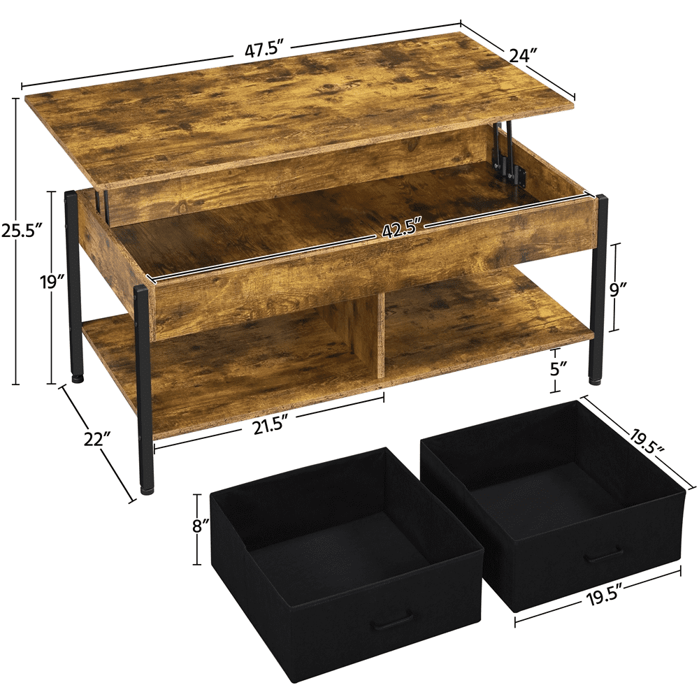 Alden Design Lift Top Wood Coffee Table with Storage Baskets, Large, Rustic Brown