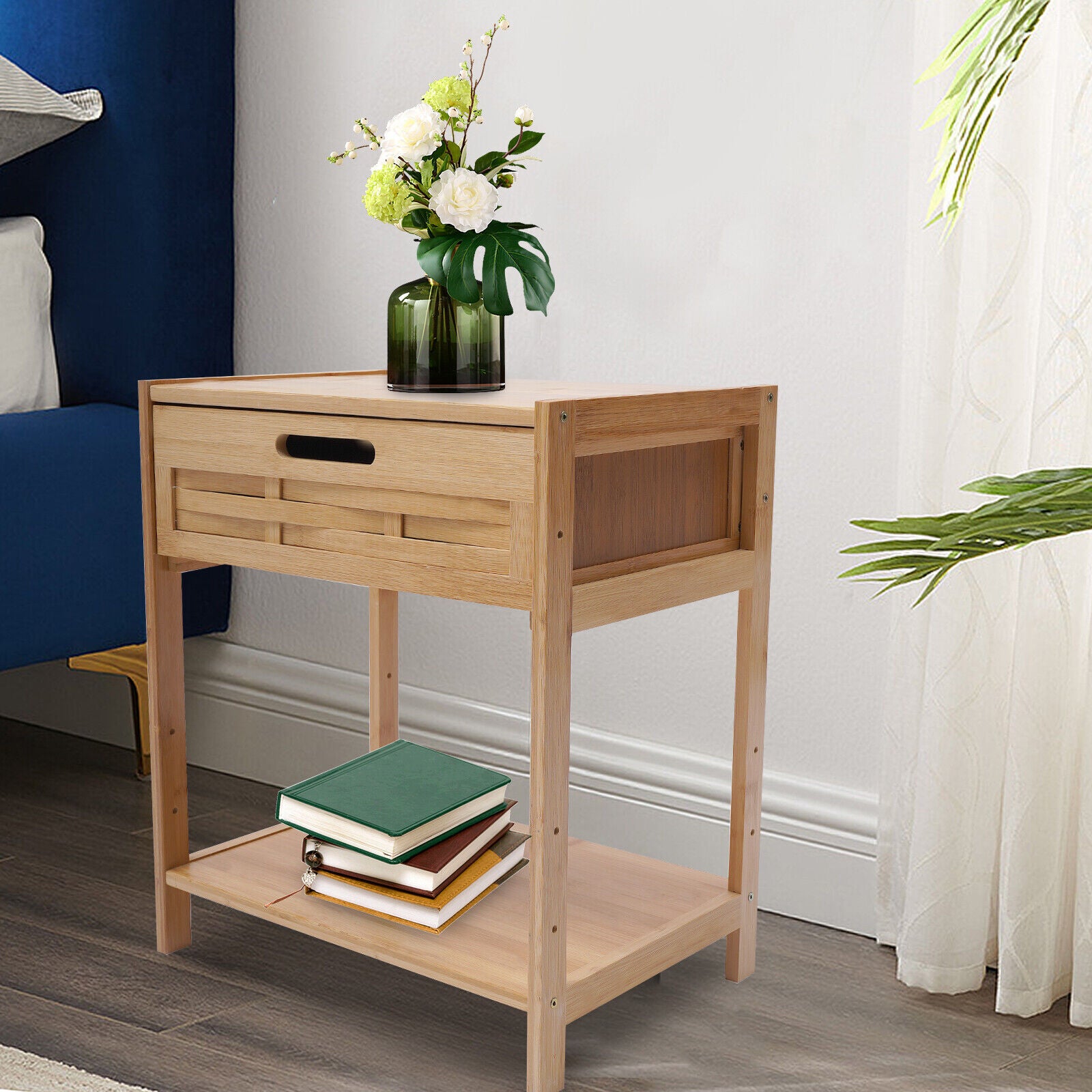 MIDUO 2-Tier Modern Bamboo Nightstand Bedside Table Bedroom Storage Cabinet + Drawer