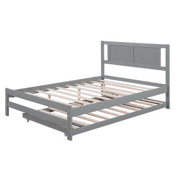 Full Size Platform Bed with Adjustable Trundle  Gr...