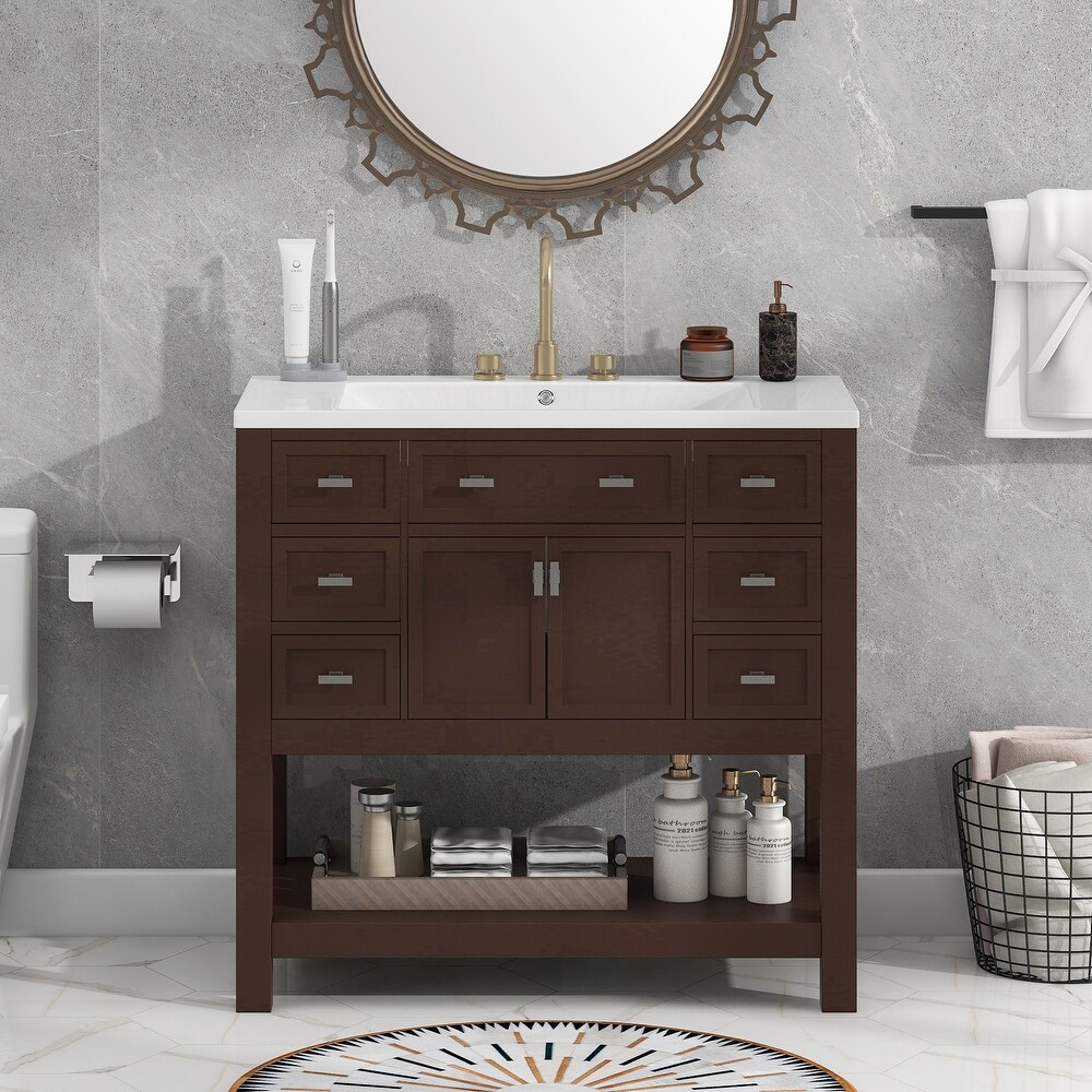 36'' Bathroom Vanity with Top Sink  Modern Bathroom Storage Cabinet with 2 Doors and 6 Drawers  Single Sink Bathroom Vanity