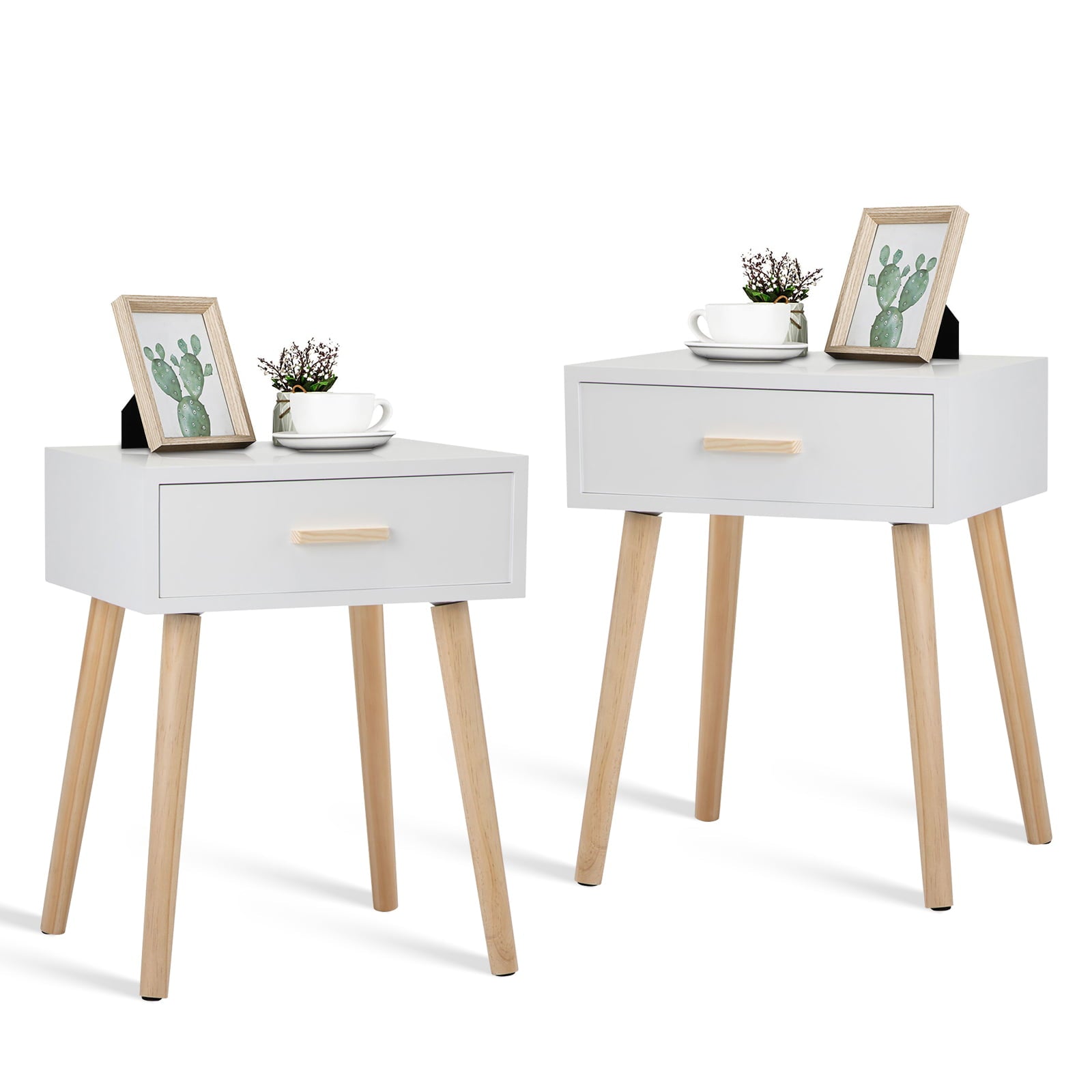 End Table Set of 2, Modern Bed Side Table Nightstand with Drawers and Solid Wood Legs, Bedside Table for Bedroom, White