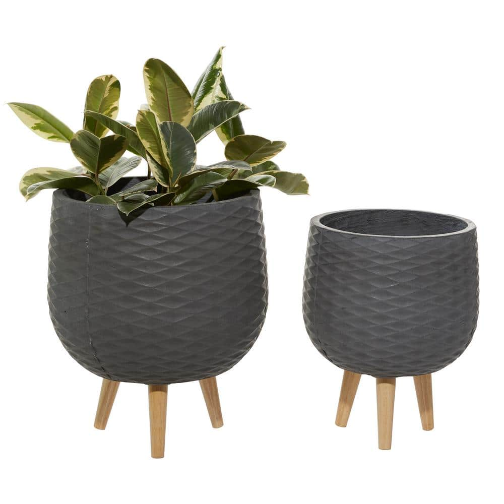 Litton Lane 14 in. and 15 in.Modern Grey Fiber Clay and Wood Planter (Set of 2) 46503