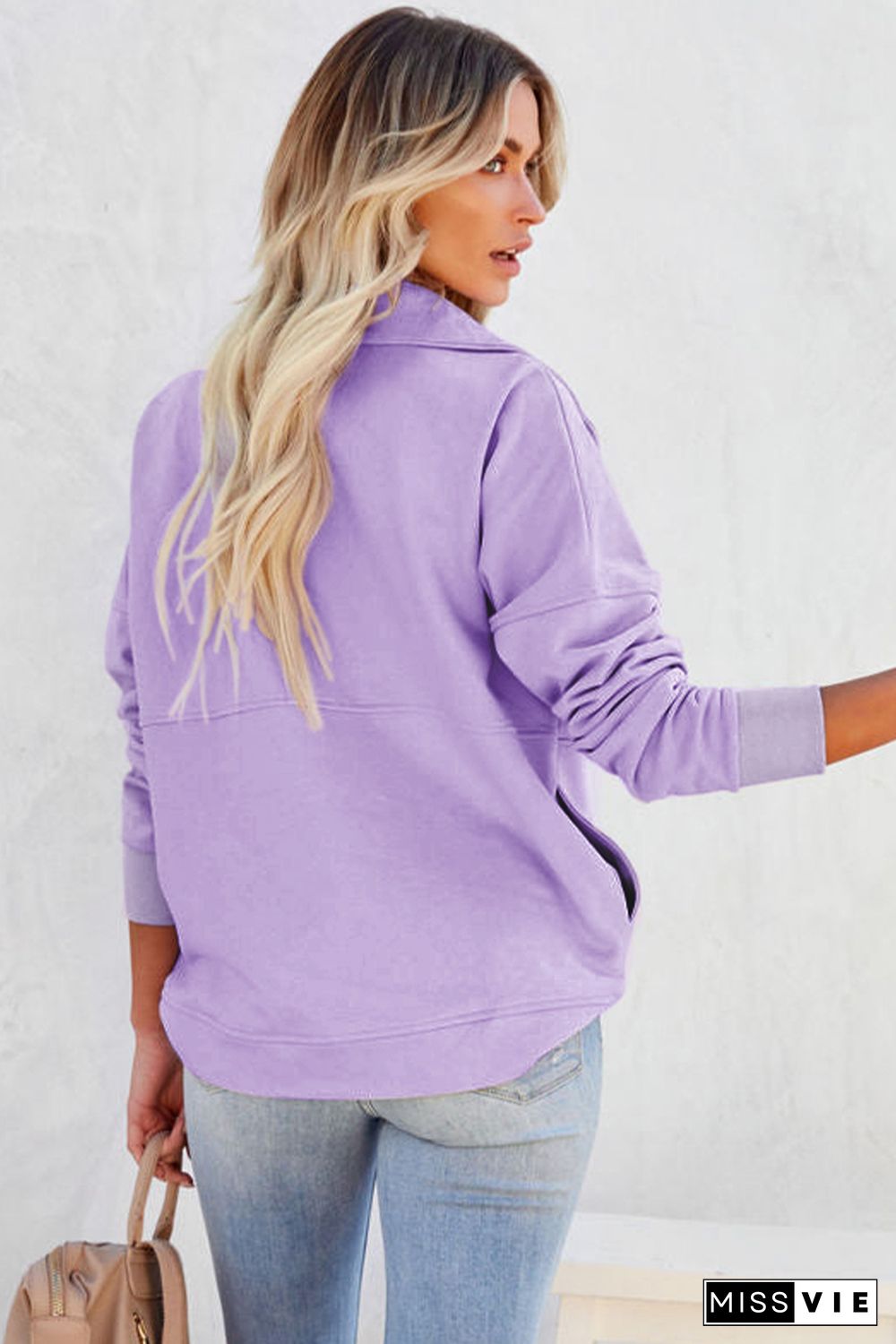 Purple Solid Color Zip Collar Sweatshirt with Pockets