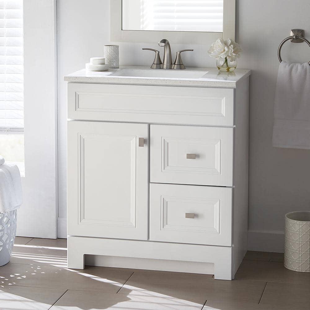 Home Decorators Collection Sedgewood 305 in W x 188 in D x 344 in H Freestanding Bath Vanity in White with Arctic Solid Surface Top