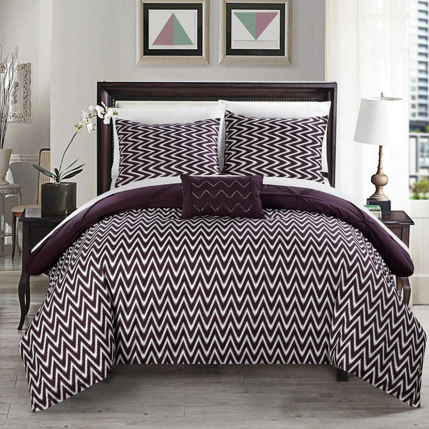 Chic Home Erin 8-Piece Reversible Pinch Pleat Comforter Set， Full/Queen， Purple