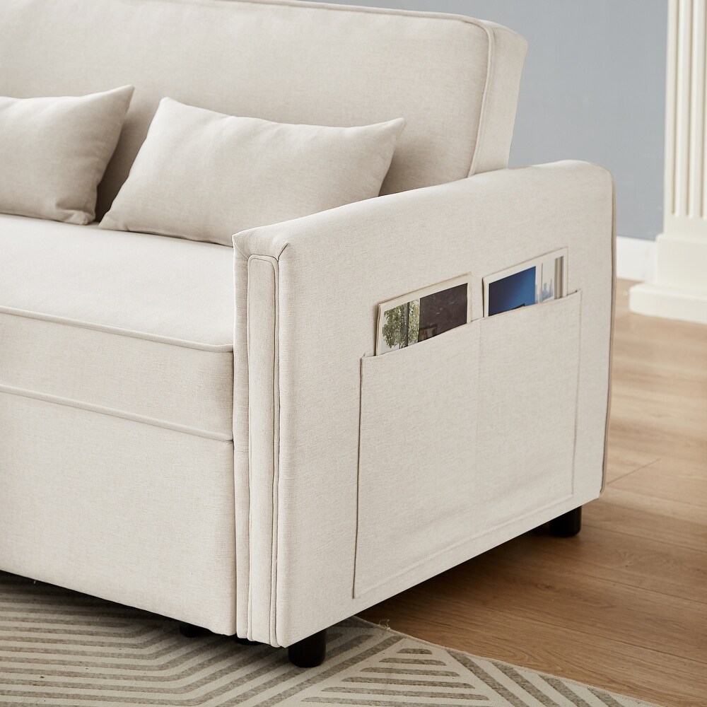 Modern Linen Convertible Loveseat Sleeper Sofa Couch with Adjustable Backrest  Pull Out Bed and 2 Lumbar Pillows  Ivory