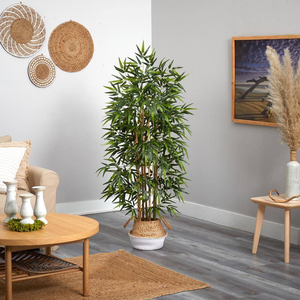 Nearly Natural 64 in. Green Bamboo Artificial Tree with Natural Bamboo Trunks in Boho Chic Handmade Cotton and Jute White Woven Planter T2888