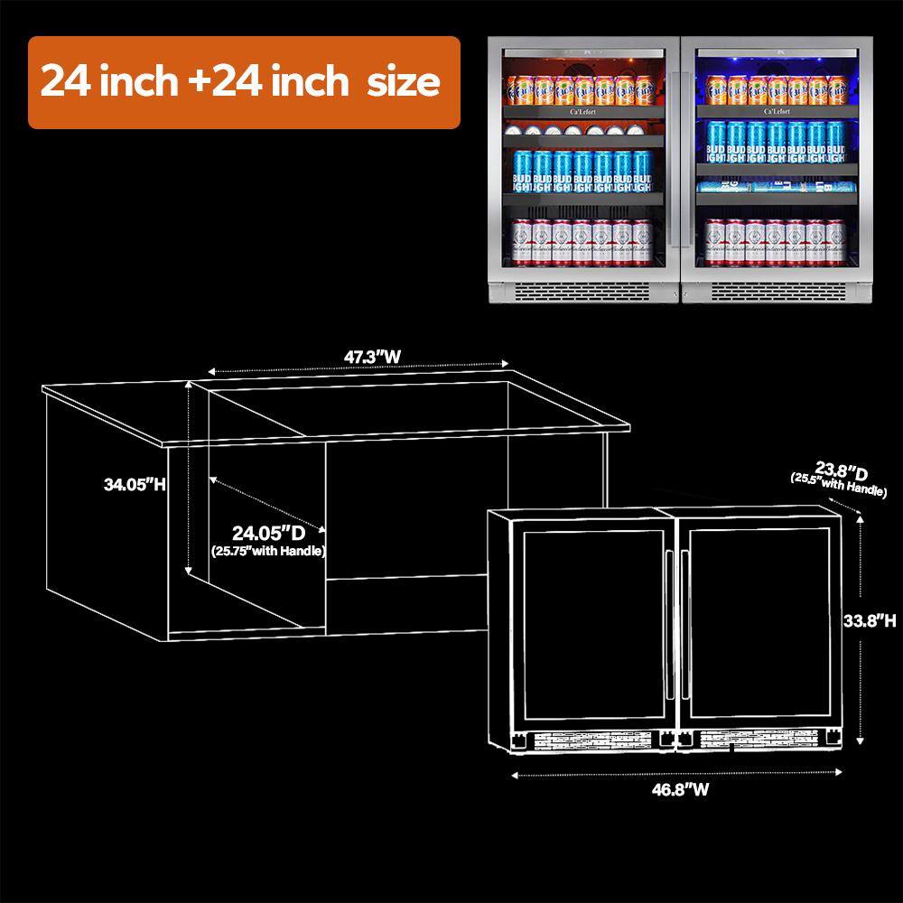 Ca'Lefort 48 in. Dual Zone 440-Cans Beverage Cooler Side-by-Side Refrigerator Built-In or Freestanding Fridge in Stainless Steel CLF-BS24BS24-HD