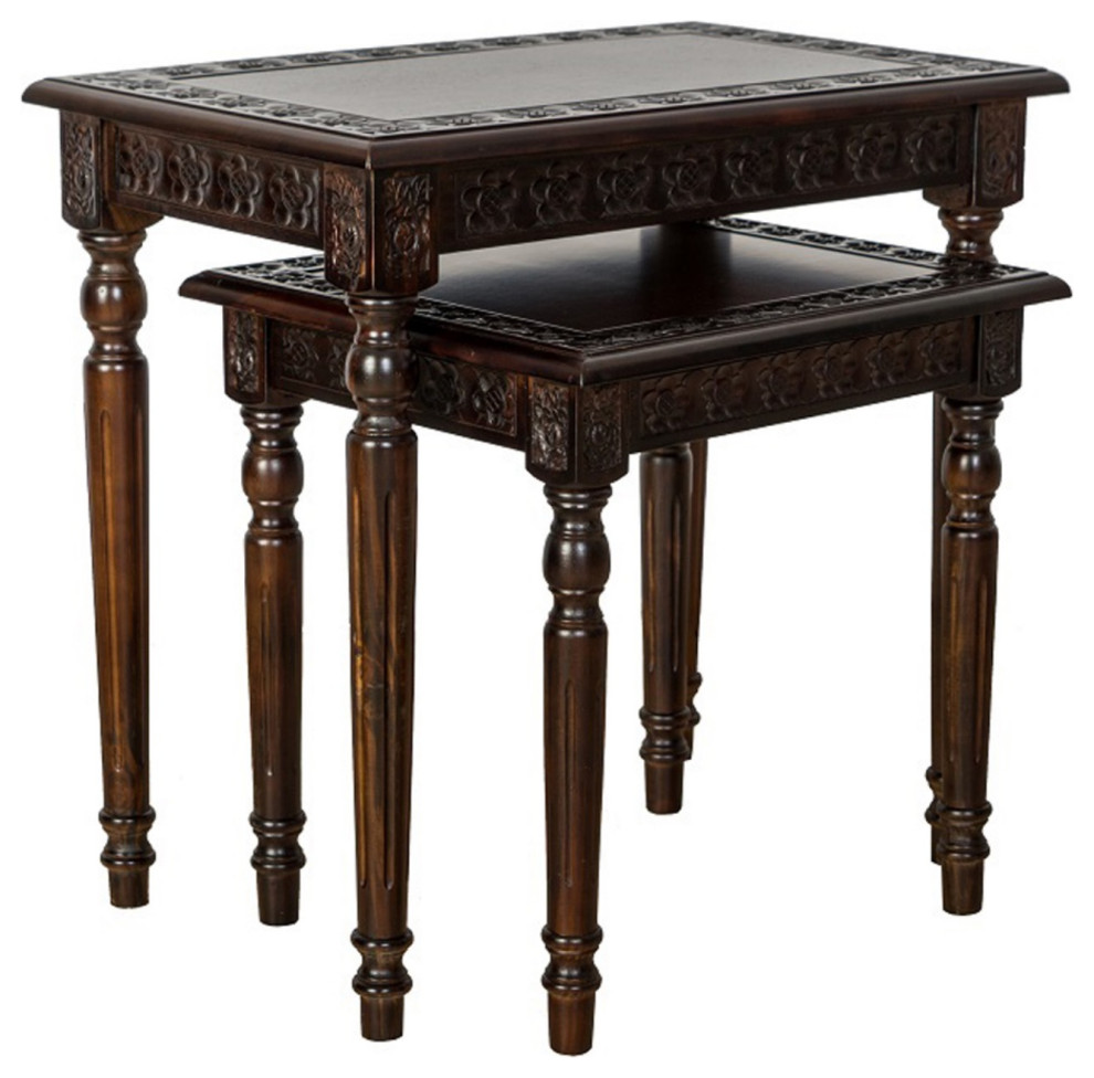 Elegantly Engraved Wooden Frame Nesting Table  Set of 2  Brown   Traditional   Coffee Table Sets   by VirVentures  Houzz