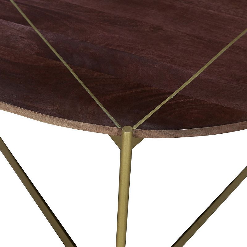 Ellis 32 Inch Round Wood Coffee Table with Brass Metal Base， Brown， Matte Gold