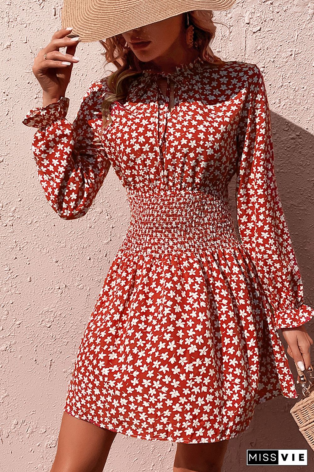 Red Floral Split Frill Collar High Waist Swing Dress