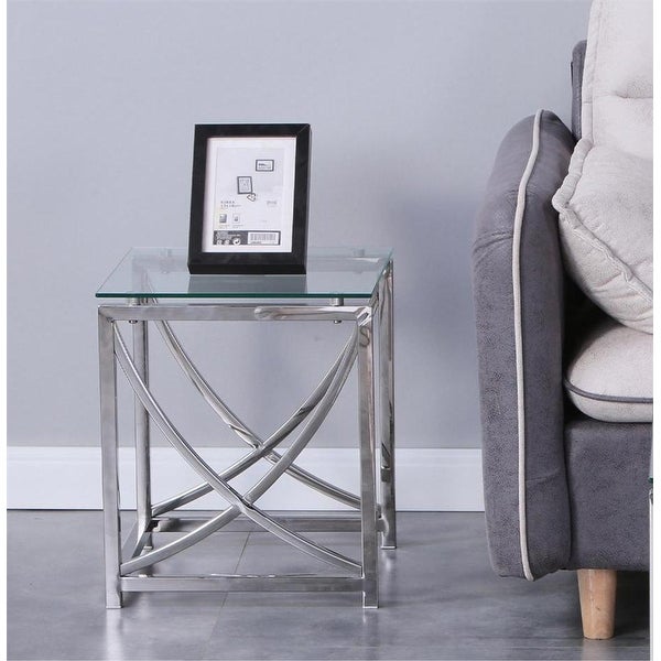 Stainless Steel Cube End Table Silver Glass Table