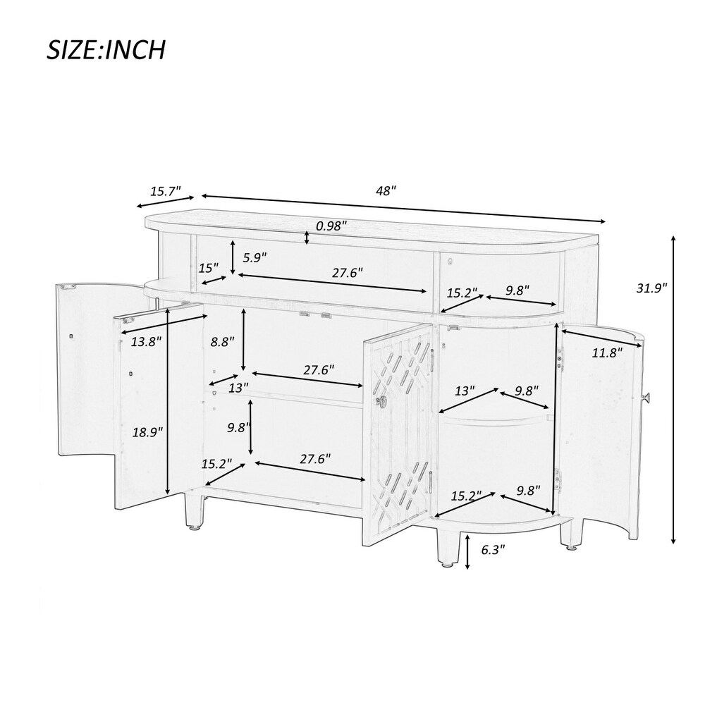 Curved Design Luxury Sideboard Storage Cabinet with 4 Doors and Adjustable Shelves  Buffet Cabinet with Storage for Entrances