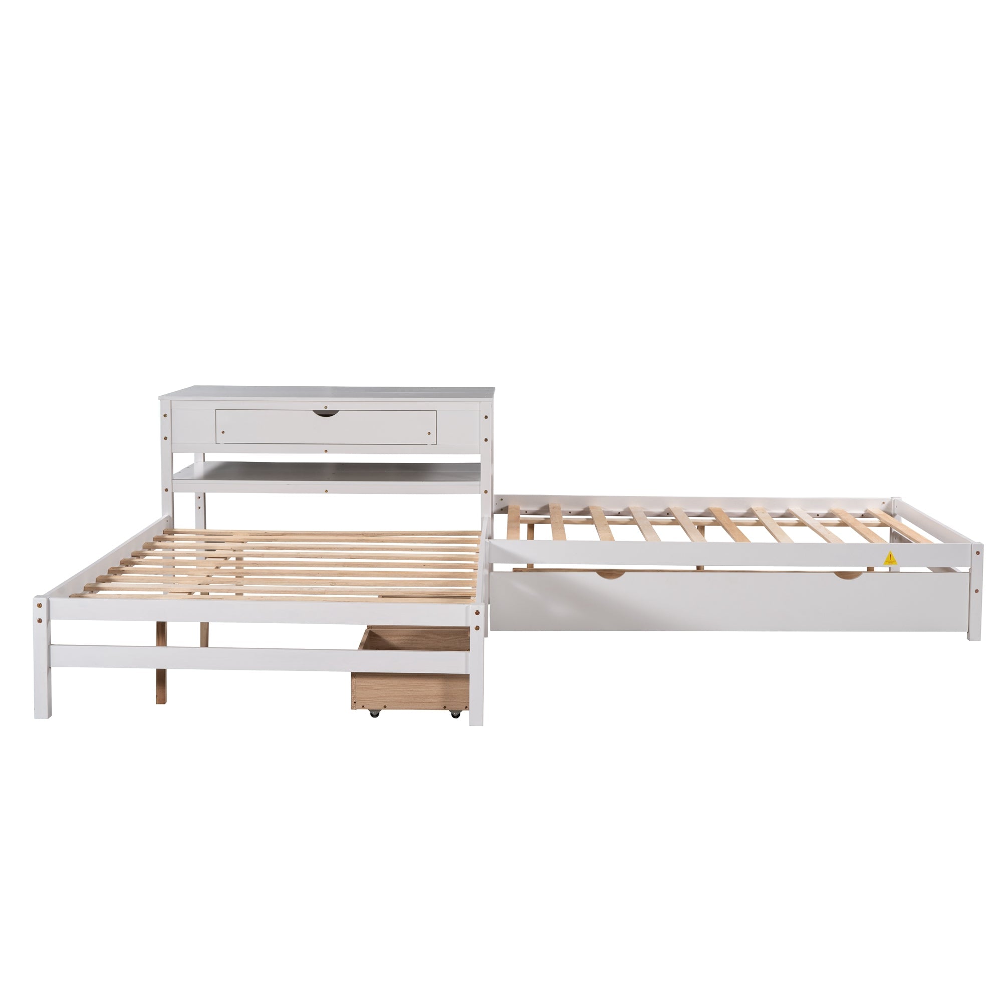 Full L-Shaped Platform Beds with Trundle, Drawers and Table for Kids Bedroom, White