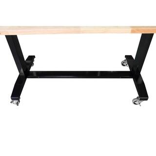 Husky Two Pack 52 in. and 62 in. Adjustable Height Work Tables with Solid Wood Tops in Black HOLT52XDB12+HOLT62XDB12