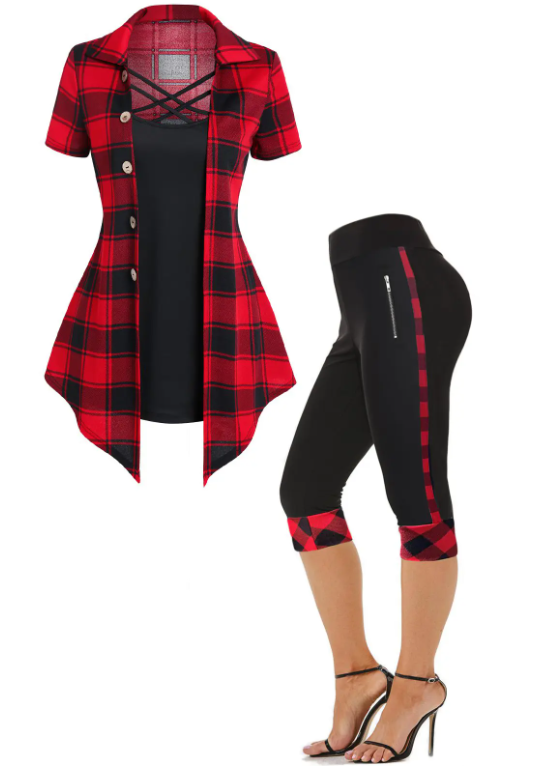 Plaid Print Mock Button Crisscross Faux Twinset T Shirt And High Waist Capri Leggings Set Summer Outfit