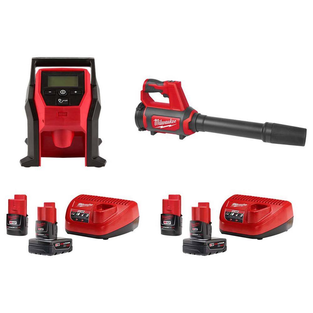 MW M12 Cordless Compact Inflator Kit and Compact Spot Blower with 4.0 Ah and 2.0 Ah Battery Packs and Charger (2-Pack) 2475-20-48-59-2424-0852-20-48-59-2424