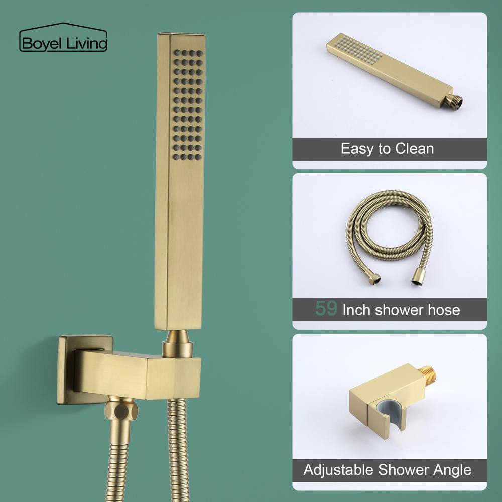 Boyel Living 1-Spray Patterns with 2.66 GPM 10 in. Wall Mount Dual Shower Heads with Rough-In Valve Body and Trim in Brushed Gold SMD-88001BG