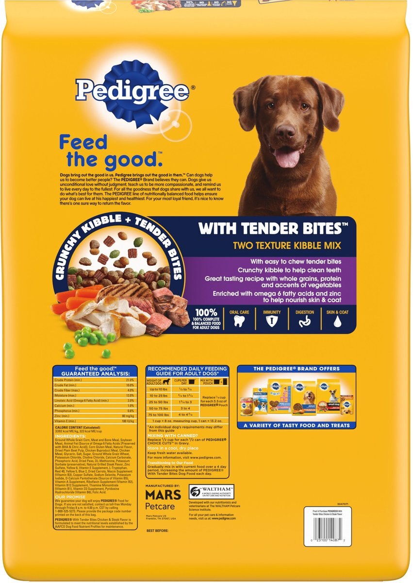 Pedigree Tender Bites Complete Nutrition Chicken and Steak Flavor Small Breed Dry Dog Food， 30-lb bag