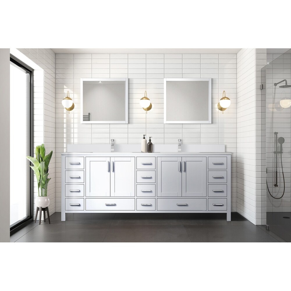 Jacques 84 in. W x 22 in. D White Bath Vanity  Cultured Marble Top  Faucet Set  and 34 in. Mirror