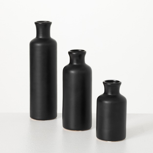 Sullivans Matte Black Set Of 3 Small Ceramic Bottle Vases 5 quot h 7 5 quot h amp 10 quot h Black