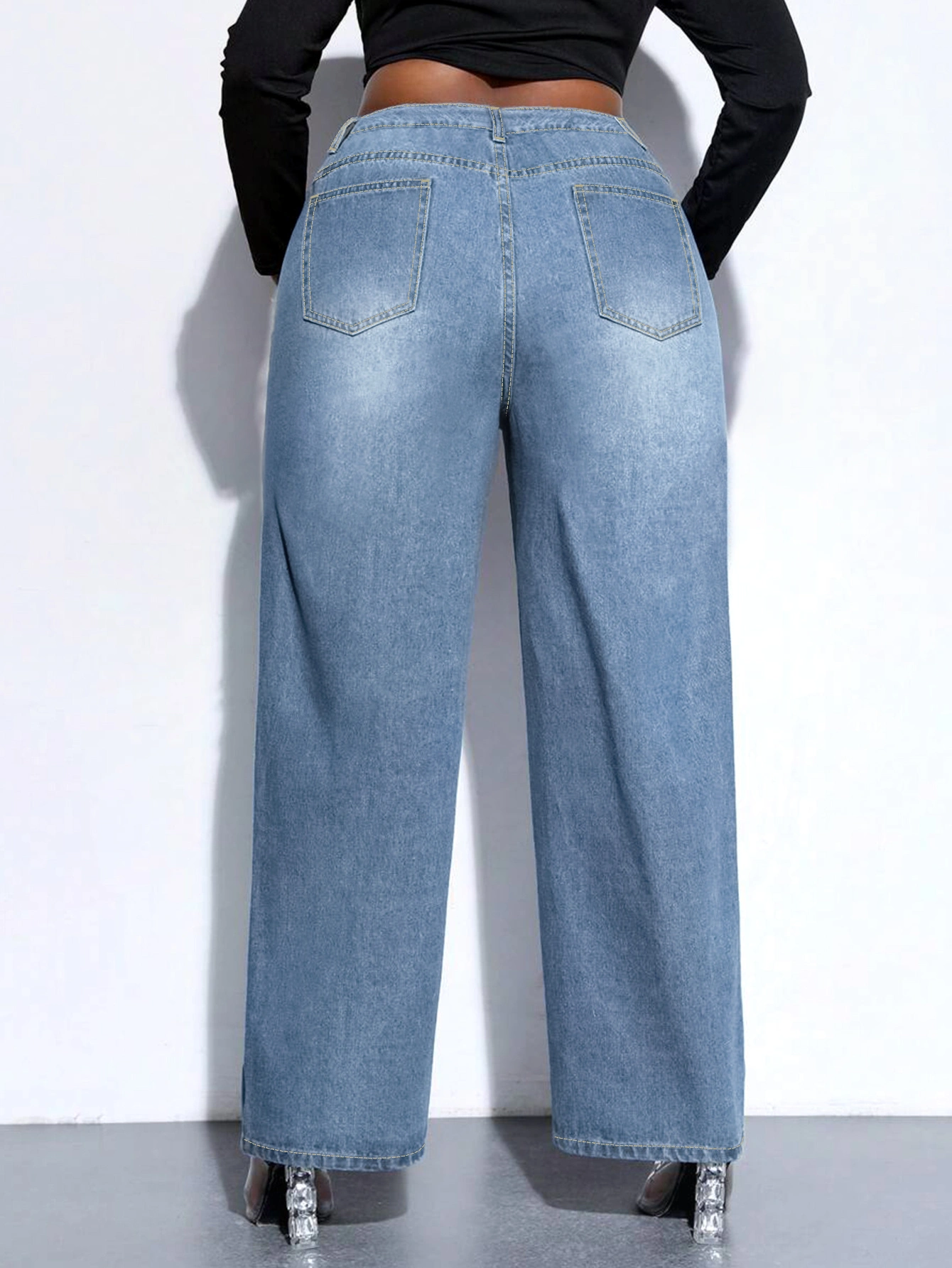 Plus Size Wide Leg Light Blue Jeans - Full Length, Stretchy, Straight, Comfortable, and Flattering Denim Pants for Women