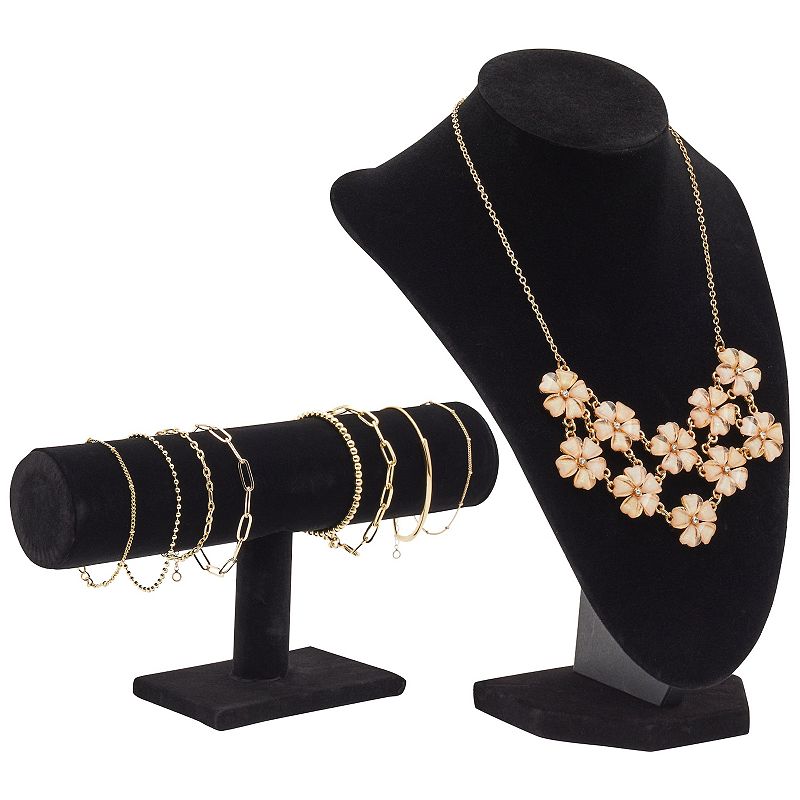 2 Piece Black Velvet Jewelry Display Set， T-Bar Stand and Mannequin Bust for Necklaces， Bracelets， Earring Holder