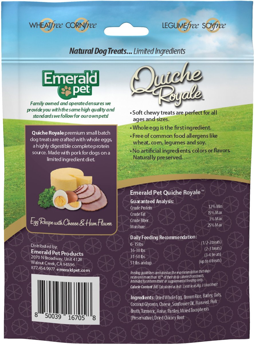 Emerald Pet Quiche Royale Egg Recipe with Cheese and Ham Chewy Dog Treats， 6-oz bag