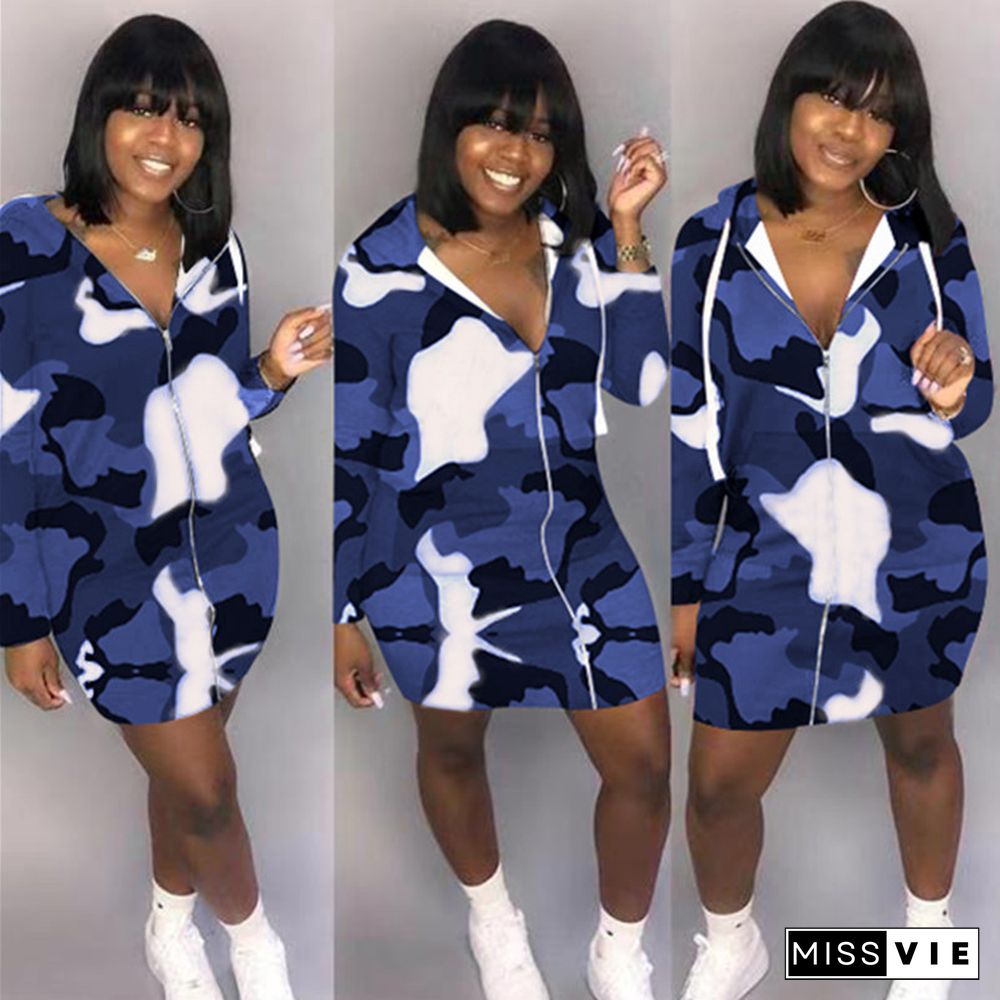 Sexy Camouflage Print Zipper Hoodies Short Dress